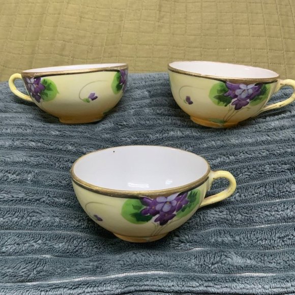 Set of 3 Tea Cups Yellow with Purple Flowers and Gold Rim - Picture 2 of 6